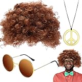 Hippie Kostüm Herren, Vokuhila Perücke Herren 80er Jahre Outfit Herren, Herren Hippie Kostüm Zubehör Set, Beinhaltet Afro-Perücke, Sonnenbrille, Disco-Halskette, 50er/60er/70er-Partyzubehör