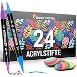 Zenacolor 24 Acrylstifte für Steine wasserfest mit Doppelspitze (feine Spitze und Pinsel) - Acrylstifte verschiedene Oberflächen - Multimarker Acryl