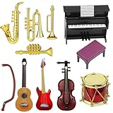 Miniatur Zubehör, 11 Stück Puppenhaus Mini Musikinstrument Modell,Mini Puppenhaus Musikinstrument,Miniatur Puppenhaus Set, 1:12 Klavier E-Gitarre Miniatur Geige Trompete Saxophon für Mini Musikzimmer
