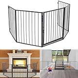 Froadp 5 TLG Kaminschutzgitter mit Tür Welpenauslauf Laufgitter 305 cm Ofenschutzgitter Freilaufgehege Welpenzaun Gehege Faltbar Kinderschutzgitter Laufstall Zaun Gitter Schwarz