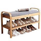 SAFWELAU Sitzbank Schuhregal aus Bambus Stoffkissen Clamshell-Design Doppelte Schuhbank mit Handlauf Bambusrahmen Geeignet for Schlafzimmer Wohnzimmerflur(90x33x50cm)