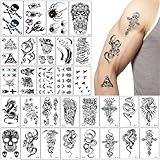 30 Blatt Fake Tattoo, Temporäre Klebetattoos für Erwachsene, 3D Groß Realistisch, Tiger Wolf Blumen Schädel Aufkleber Halloween, Schwarz 3D Tatoo Tiere Herren Damen