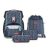 Step by Step Basis Schulranzen-Set „Blue Lines“, 4-teilig, blau, ergonomischer Tornister mit Reflektoren, Hüft- und Brustgurt, für Kinder ab der 1. Klasse, 20 Liter