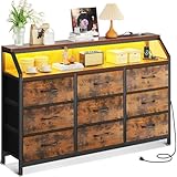 ODK Kommode mit Schubladen, Schubladenschrank mit 2 Steckdosen 2 USB-Anschlüssen und Farbwechselnder LED-Lichtleiste, mit 9 Stoffschubladen, Geeignet für Schlafzimmer, Wohnzimmer, Vintage Farbe
