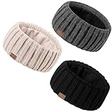MUTKIS Stirnband Damen Winter 3 Pack, Ohrenwärmer Damen Stirnband Wolle Gestrickt Dick mit Fleece Gefüttert, Haarband Kaltes Wetter Warme Ohrenschützer(Schwarz+Beige+Dunkelgrau)