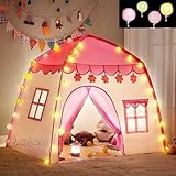 Kinderzelt Spielhaus mit LED Lichterkette – Faltbares Spielzelt für Mädchen mit Boden und Fenster – Indoor & Outdoor – Rosa Weiß – KRUZZEL
