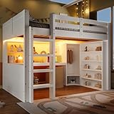 Crlnaup Hochbett,140x200cm, Mit LED-Leuchten,Kleiderschrank, Schreibtisch, Schubladen, Staufächer, Ohne Matratze, Weiß