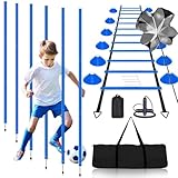 BJNCDIO Slalomstangen Fussball Trainingszubehör mit 6 Slalom Poles, Koordinationsleiter 6m, 12 Hütchen, Springseil und Resistance Fallschirm, Fußball Trainingsset für Koordinationstraining (Blau)