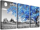 hyidecorart Bilder Blau Baum, Natur Bäume Leinwand Bilder, 3 Stücke Wandbilder Wohnzimmer, Vintage Glücksbaum Kunstdruck Wanddeko für Schlafzimmer Küche Esszimmer und Badezimmer (30CM×40CM×3)
