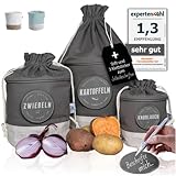 Glückstoff® Nachhaltige Kartoffel Aufbewahrungsbox [Beschriftbares 3er-Set] Knoblauch Zwiebel-Topf | Stoff Vorrats-Behälter | Vintage Korb Leinen-Beutel | Lagerung Lebensmittel Gemüse (Grau)