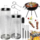 2 Stück Zylindrischer Grillkorb,Edelstahl Rollender Grillkorb,Rolling Grillkorb mit abnehmbarem Griff Edelstahl,BBQ Grillzubehör,Grillkorb Zylindrisch