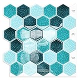 Blaues Mosaik Sechseck Fliesenaufkleber,30,5 x 30,5cm Selbstklebend Fliesen Wandfliesen im Honigwabenmuster für Küche, Badezimmer, Kamin, Wohnwagen (10 Blätter)