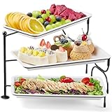 Lifewit Etagere 3 Etagen mit 30 x 17 cm/12x 6.5 Servierplatte, Kunststoff Serviertablett Servierteller mit Klappbar Metallregal, Buffet Party Zubehör für Speise Obst Kekse Torte Desserts, Drehbar