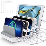 PRITEK Ladestation für Mehrere Geräte mit 5 Ports und 6 kurzen Ladekabeln, 50W/10A Desktop Organizer mit 4 USB + 1 Typ-C Ports, kompatibel für Telefone, Tablet, Watch, Kindle und andere USB-Geräte