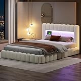 DAHUEN Polsterbett Bubble Bett 140x200, Doppelbett mit LED und USB Ladefunktion Kopfteil, Boxspringbett mit hydraulisches Bettkasten,Stauraumbett mit Lattenrost aus Holz, Leinen (Weiß, 140X200cm)