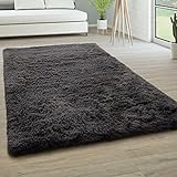 Paco Home Hochflor Teppich Wohnzimmer rutschfest Fellteppich Shaggy Flauschig Weich Modern Kunstfell Fell Imitat Einfarbig, Grösse:60x100 cm, Farbe:Anthrazit