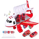 SHANNA Flugzeug Spielset, Flieger Kinder Trägheitsrad Flugzeug mit Fahrzeugen Lernspielzeug Set, 1 großes Flugzeug, 4 legiertes Auto für Kleinkinder über 3 Jahre (Feuerwehrauto-Rot)