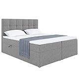 MEBLINI Boxspringbett mit Bettkasten - Gepolstert Doppelbett mit Matratze und Topper - Polsterbett mit Stauraum - Bett mit Kopfteil - Stauraumbett - NILS - 160x200 - H3/Grau Webstoff