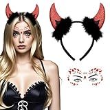 XDGBGFN Teufelshörner Haarreif mit Tattoo Gesicht Steine Teufel Kostüm Zubehör Glitzer Teufelshörner Halloween Teufel Teufel Accessoires Damen für Karneval, Cosplay, Halloween