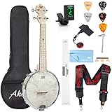 Aklot Banjolele,4 Saiten Banjo-Ukelele 23 Zoll Konzert Remo Trommelkopf, offener Rücken, Ahornkorpus 1:15, Advanced Tuner mit Zwei-Wege-Halsstab,Gigbag Tuner Saitengurt Plektren
