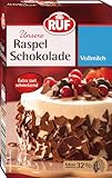 RUF Raspel-Schokolade Vollmilch, hauchdünn geraspelte Vollmilchschokolade, Schoko-Raspeln zartschmelzend für Kuchen, Torten, Muffins & Eis, glutenfrei