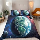 Bettwäsche 220x240 cm 3D Erde Doppelseitig Druck Bettwäsche-Sets 3teilig Universum mit Reißverschluss Microfaser Bettbezug mit 2 Kopfkissenbezüge 80x80 cm