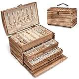 Emfogo Schmuckkästchen-Organizer, Holz-Schmuckkästchen für Frauen und Mädchen, 3-lagig, Reise-Schmucketui für Ohrringe, Halsketten, Ringe, Armbänder (rustikales Braun)
