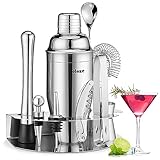 Velaze Cocktail Shaker Set 850 ml, 10-teilig, Edelstahl Cocktail Set zum Mischen von alkoholischen Getränken, Barkeeper Set mit Edelstahl Ständer, Coktailmixset mit Bar Zubehör für Zuhause Bar