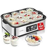 FOHERE Joghurtbereiter 25W inkl. 12 Glasbehälter à 180 ml für bis 2,16L Selbstgemachten Joghurt, Griechischer Joghurtmaschine mit Temperatur und Timer, LCD Display, Abschaltautomatik, BPA-frei