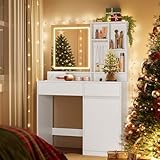 VASAGLE Schminktisch mit LED-Beleuchtung, Steckdosenleiste, Frisiertisch mit Schubladen, 90 cm breit, verstellbaren Ablagen, Schmuckaufbewahrung, für Schlafzimmer, wolkenweiß RDT134W01