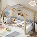 Oslghy Kinderbett 90x200 cm, Holzbetten Bodenbett mit Rausfallschutz und Lattenrost, Holzhausdesign Bett für Kinder mit Dach, Hausbett mit Zaun für Jungen & Mädchen, Weiß, Kiefernholz, ohne Matratze