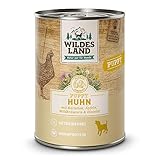 Wildes Land - Nassfutter für Hunde - Puppy Huhn - 6 x 400 g - mit Karotten, Äpfeln, Wildkräutern & Distelöl - Glutenfrei - Extra viel Fleisch - Beste Akzeptanz und Verträglichkeit