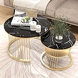 PerGar Runder Couchtisch 2er Set, Moderne Satztische, Beistelltisch, Sofabeistelltisch, Gold Metallrahmen, Sofatisch, für Wohnzimmer, Balkon und Büro (Schwarz und Gold)