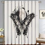 CDXNORA Vorhänge Blickdicht Wohnzimmer - Tinte Thermovorhang Verdunklungsvorhänge Gardinen Mit Ösen Wohnzimmer,Mond Schmetterling Ösenvorhang,H200 X B140 cm (2Er Pack)