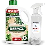 Natürliches Neemöl mit Emulgator 1200 ml – inkl. Sprühflasche & Messbecher – Ergibt 120 L sprühfertiges Neem-Öl Spray – Niemöl zur natürlichen Pflanzenpflege für drinnen & draußen