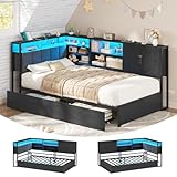 KIMENICH Polsterbett Schlafsofa 90x200 mit LED-Beleuchtung, Ladestation, Tagesbett, Jugendbett mit 2 Schubladen und Lattenrost aus Metall, Kopfteil mit Stauraum, Offene Regale, Schrank, Schwarz