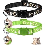 Katzenhalsbänder mit Glöckchen, niedliches Kätzchen, leuchtet im Dunkeln, verstellbar, 20 - 33 cm, Grün und Schwarz, 2 Stück