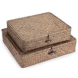 SUMNACON 2PCS Rattankorb aus Natürliche Seegras mit Deckel Handarbeiten Aufbewahrungskiste Aufbewahrungskörbe Ordnung Korb für Küche Badezimmer Schlafzimmer Gross+Klein(Rechteckig,Braun)