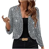 UHouse Bolero Damen Glitzer Cardigan Elegant Festliche Oberteile Party Jacke Pailletten Bolerojacke Leicht Schulterjacke Trachten Strickjacke Shrug Outfit Festival Bluse Langarm Frauen Grau XXL