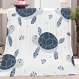Kuscheldecke Karikatur Geometrische Schildkröte Muster Kuscheldecke 220 x 240 cm Flauschig Flanell Tagesdecke Blanket Bequem und Warm Sofadecke Weiß Dunkelblau für alle Jahreszeiten Dicke Kuscheldecke