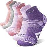 ANTSANG 6 Paar Merino Wolle Ankelsöckchen für Laufen Wandern Gehen Arbeiten Atmungsaktiv Thermisch Warm Dick Gepolstert Socken Viertelsöckchen für Herren Damen(36-42, Pink-Lila Serie)