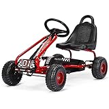 COSTWAY Gokart mit verstellbarem Sitz, Go Cart mit Handbremse, Tretauto bis 30kg belastbar, Pedal Gokart, Tretfahrzeug, Pedalfahrzeug, Kinderfahrzeug für Kinder von 3-6 Jahren (Rot)