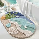DEXI Ovale Badezimmerteppich 54 x 86 cm, Badematte rutschfest Absorbierende mit Seestern-Strand Muster, Cartoon waschbarer Badteppich für Duschboden, Schlafzimmer, Kinderzimmer, Beige Grün