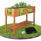 TTL GARDEN Balkon Hochbeet XL 120x40x80cm aus Holz - Pflanzkasten & Blumenkasten mit Ablageboden & Folie - Tannenholz wetterfest - Pflanzbeet Kräuterbeet Blumenbeet für Garten Balkon Terrasse Braun