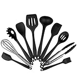 10 Stück Küchenutensilien Silikon BPA frei Set Enthält 2xSchaber Kochlöffel Suppenkelle Pfannenwender Spaghettikelle Servierlöffel Schneebesen Grillzange Silikon Pinsel (10 Stück Schwarz)