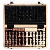 A&A Magnetic Wooden Chess Set, 38.1 cm, Folding Board, 7.6 cm, King Height German Knight Staunton Chess Pieces/Mahogany & Maple Wood / 2 Extra Queen/Board Games