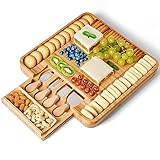 Bambus Käsebrett und Messer Set, Quadratisches Charcuterie Board mit Ausziehbarem Tablett, Großer Käseplatte und Servierplatte, Perfekt für Unterhaltung, Picknicks und Partys