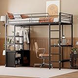Kinderbett 90x200 cm, Hochbett mit Kleiderschrank, Offener Lagerschrank, Regal und Schreibtisch mit Aufladen USB, Etagenbett Metallbett Stockbett Kinderhochbett Jugendhochbett, Ohne Matratze, Schwarz