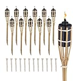 Relaxdays Gartenfackeln für draußen, 12er Set, 50 cm, Bambusfackeln Gartenparty Deko, Ölfackeln mit Ersatzdocht, Natur