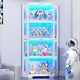 BROTTAR Eckvitrine mit Glastüren, Tall 165cm Eck Bücherregal mit 3 Farben Led Beleuchtung, 4-Ebenen Vitrinenschrank mit Intelligente Sensorik für Wohnzimmer Schlafzimmer Büro, Weiß